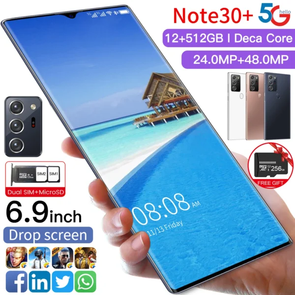 2021 Note30+ 6.9 inch 3840x2160 MTK6799 Android10.0 Smartphones 12GB+512GB 5G Cellphones 5600mAh Large Capacity Mobile Phone - Image 6